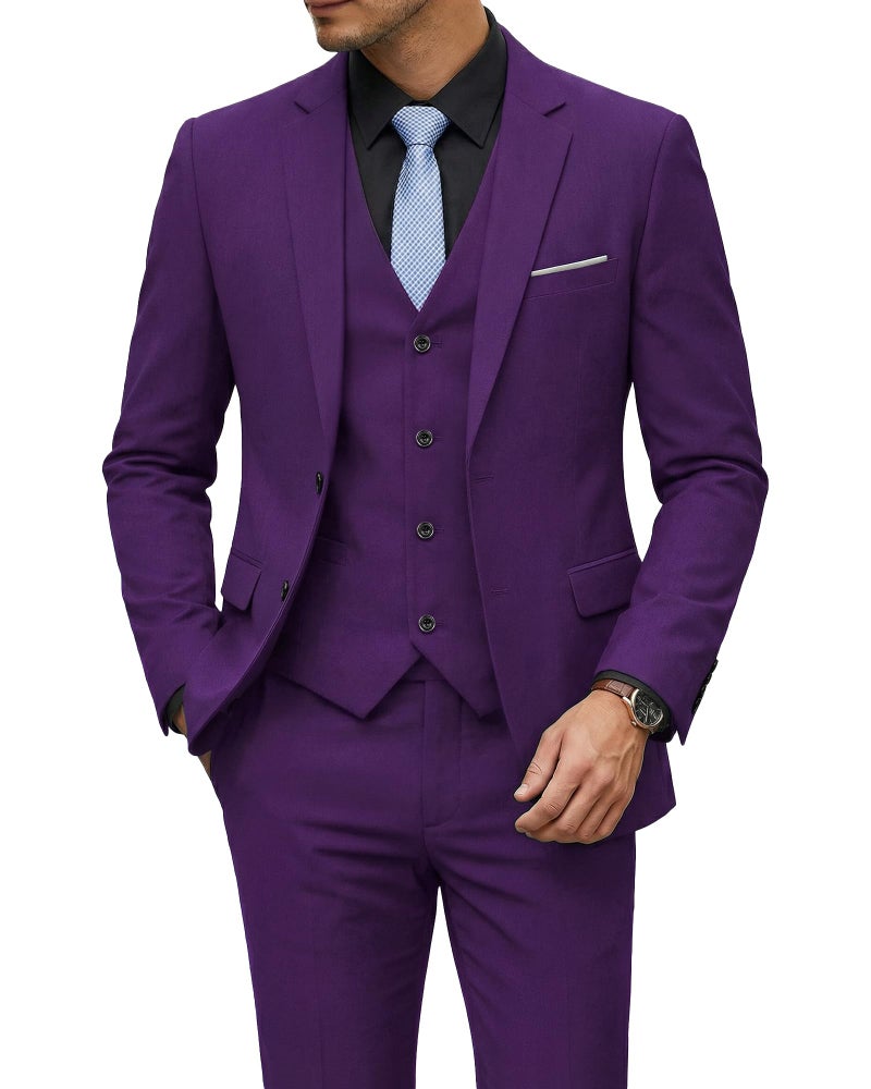 YND Men's 3 Piece Suit Set with Tie, 2 Button Slim Fit Solid Blazer Jacket Vest Pants, Business Wedding Party Suits for Men, Deep Purple - Image 1